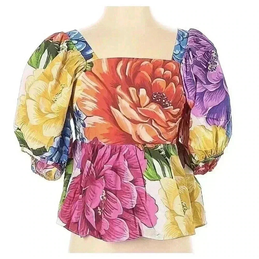 Farm Rio Rainbow Chita Empire Waist Blouse XS 0 2 Puff Sleeve Top Floral Square